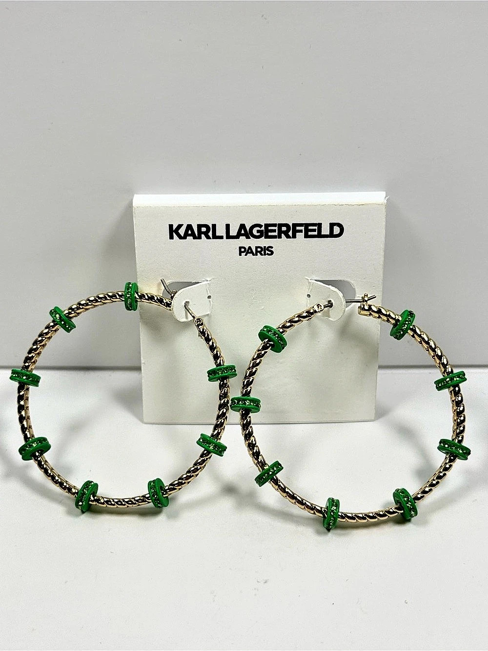 KARL LAGERFELD Green Accent Gold Hoop Earrings NWT